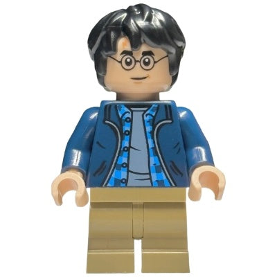 hp544 Harry Potter - Dark Blue Open Jacket Over Plaid Shirt with Collar and Sand Blue Shirt, Dark Tan Medium Legs